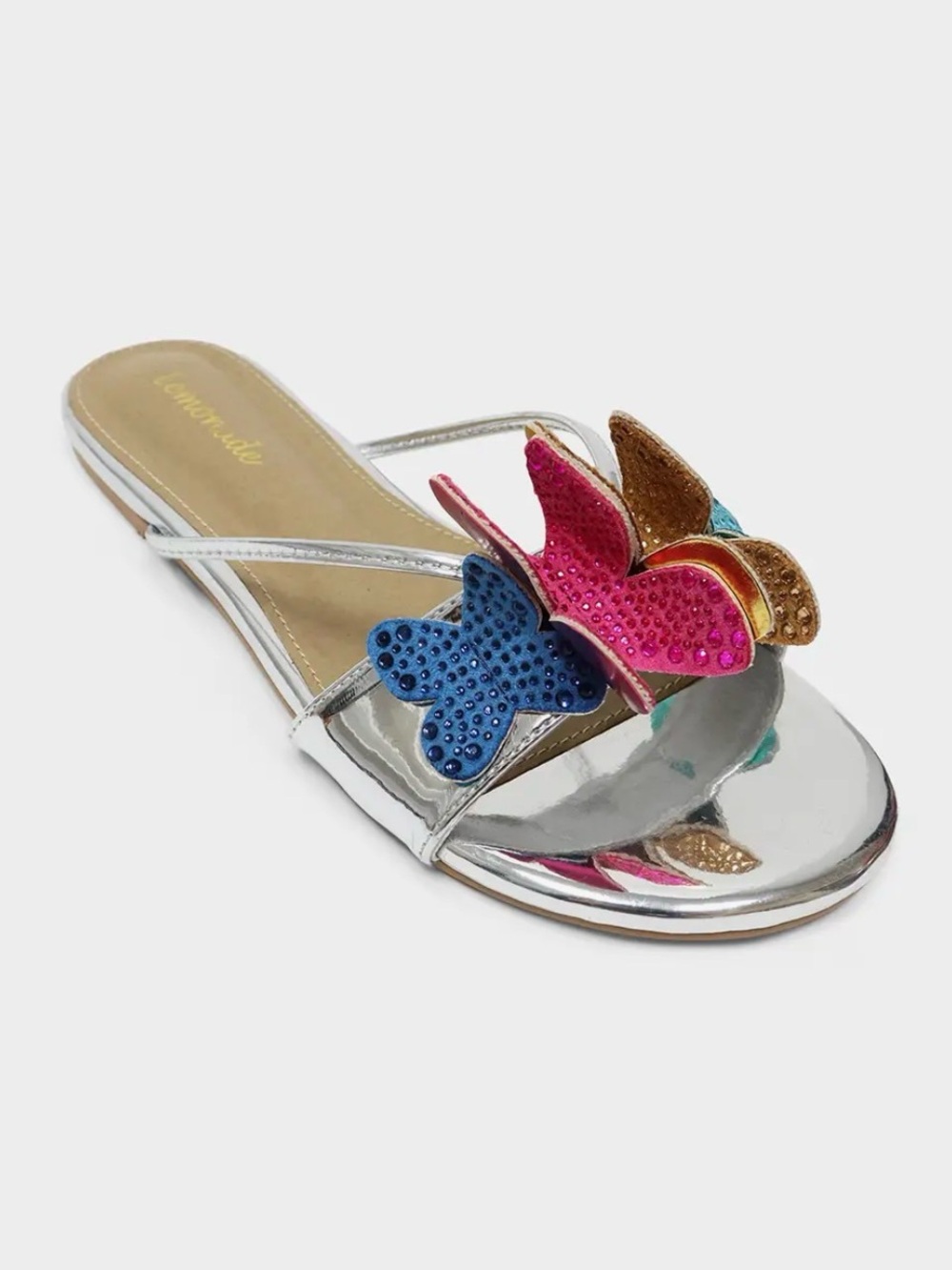 L'Amourelle Silver Slide Sandal with Multicolor Butterfly Accents